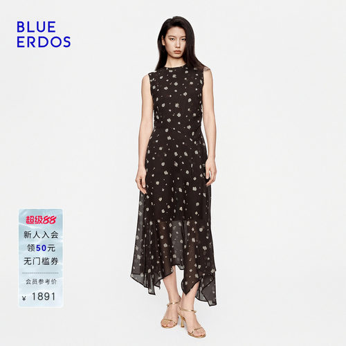 【100%桑蚕丝】BLUE ERDOS2026秋季新品慵懒碎花抽褶收腰无袖长裙