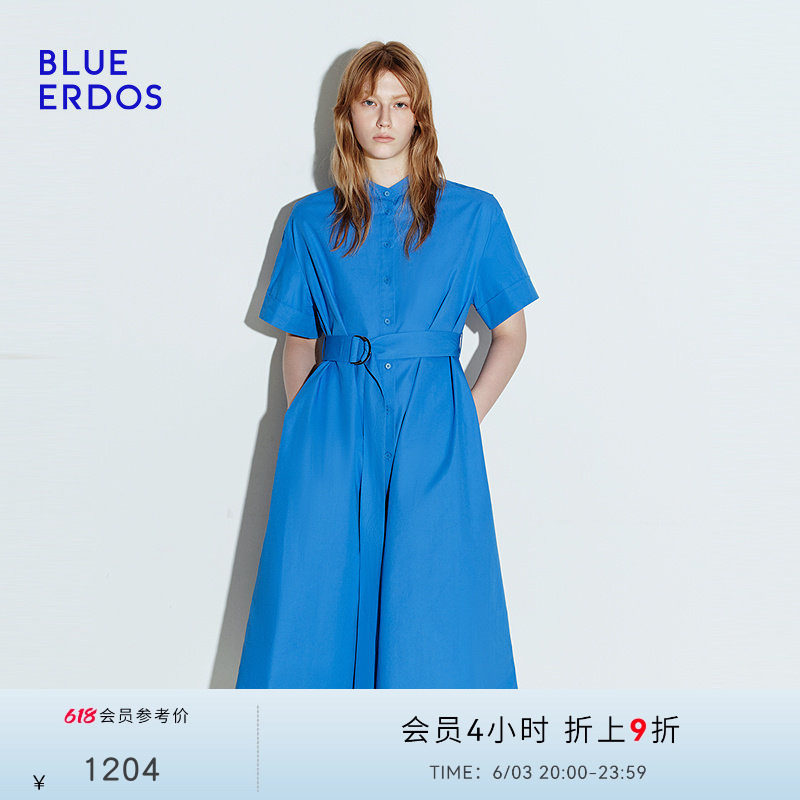 【100%棉】BLUE ERDOS 夏季简约克莱因蓝设计感连衣裙B245I3013