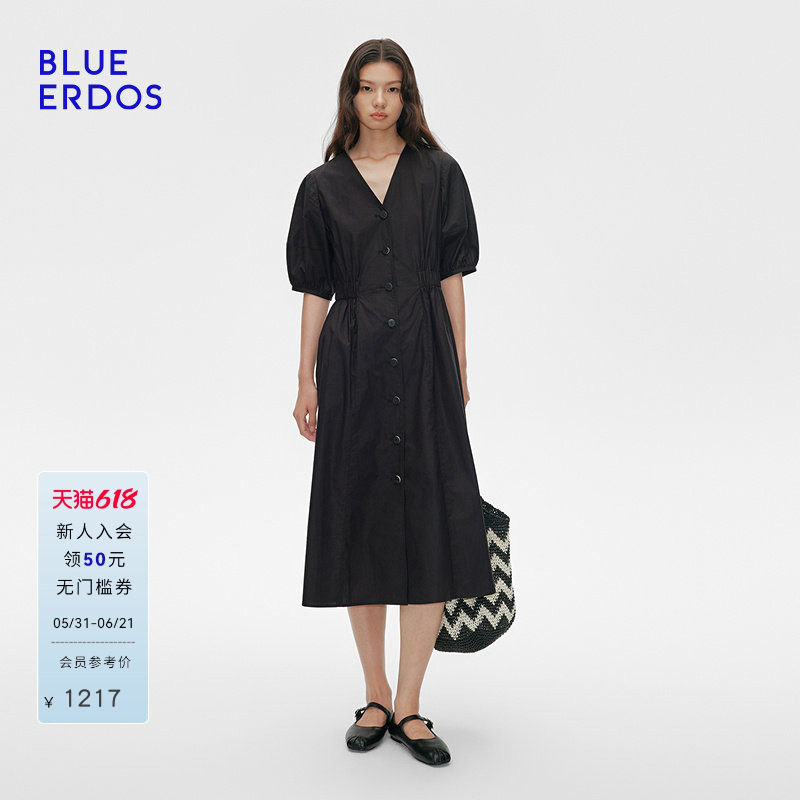 BLUE ERDOS夏季全棉V领五分袖气质连衣裙小黑裙女B255I3020