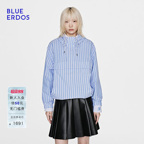 BLUE ERDOS26春季新品都市通勤棉混纺蓝白条纹抽绳连帽套头上衣女