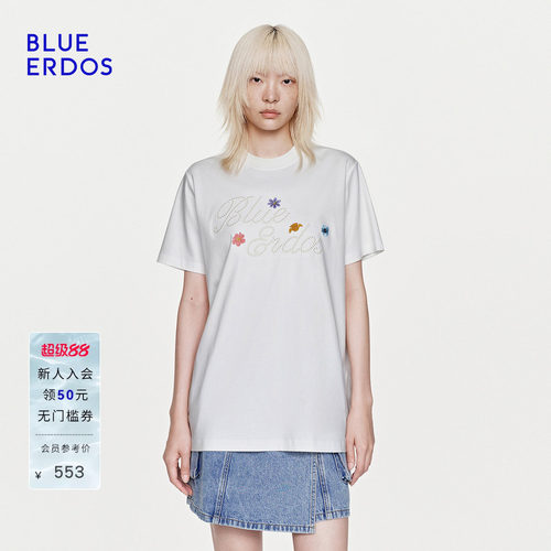 【100%棉】BLUE ERDOS26夏季新品温柔风花朵刺绣LOGO圆领T恤女