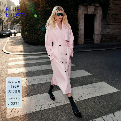 BLUE ERDOS2026早春新品休闲通勤棉混纺粉色双排扣风衣女外套