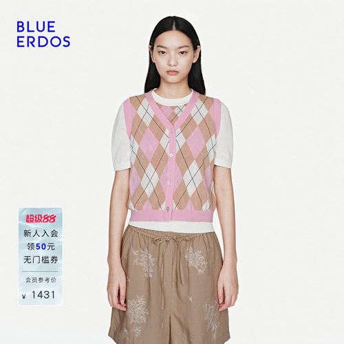BLUE ERDOS2026夏季新品温柔复古棉混纺学院风菱格V领开衫马甲女