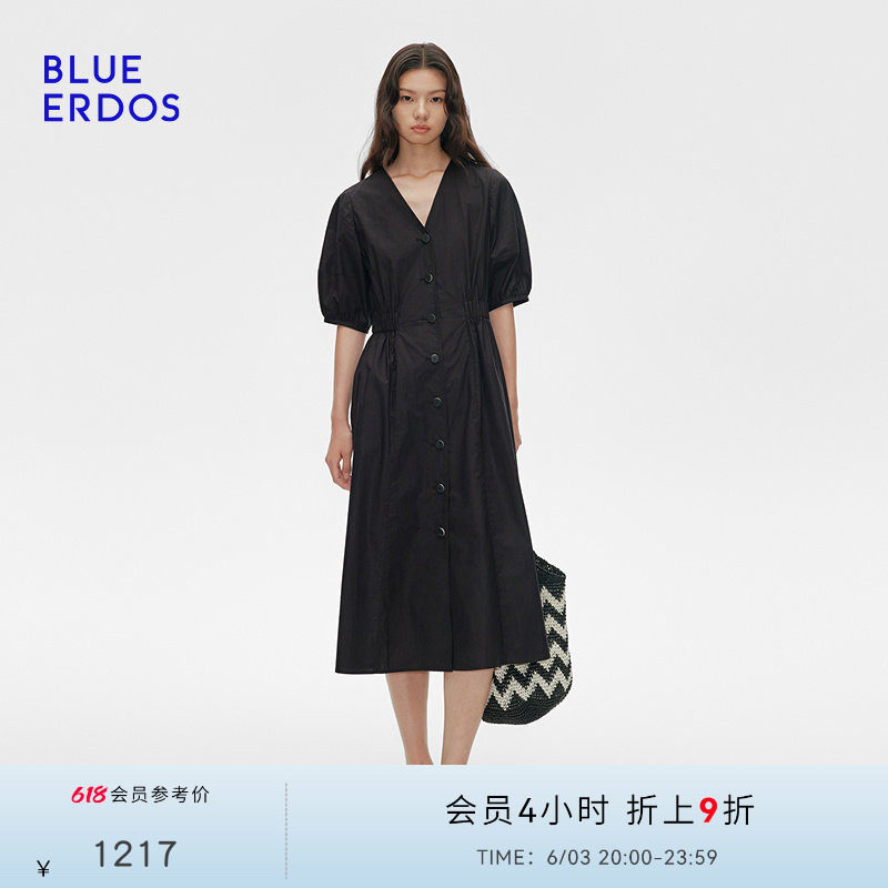 BLUE ERDOS夏季全棉V领五分袖气质连衣裙小黑裙女B255I3020