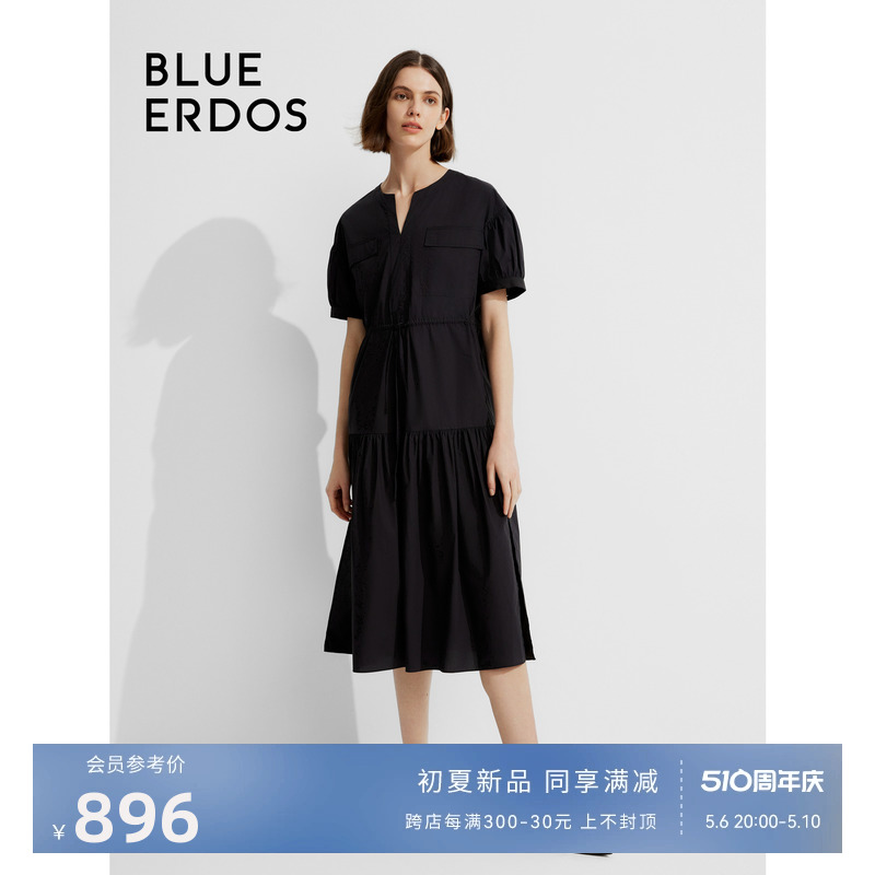 blueerdos纯棉V领泡泡袖连衣裙