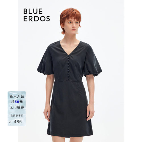 blueerdos荷叶袖露腰连衣裙