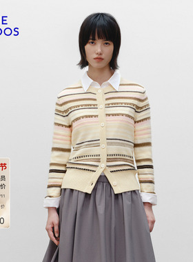 BLUE ERDOS 冬季新品气质简约圆领黄粉条纹女开衫