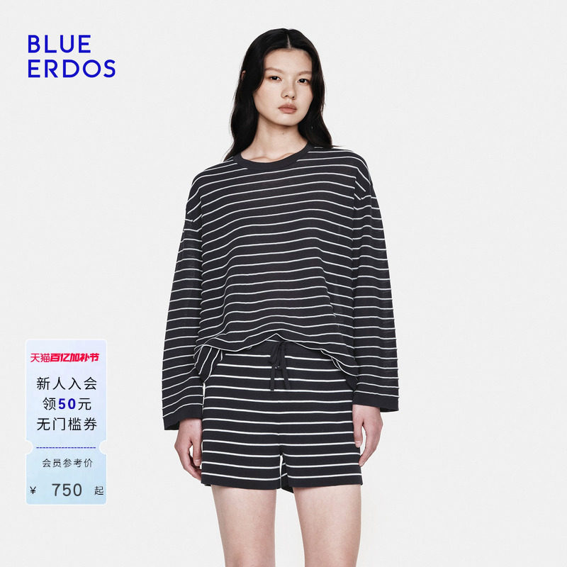 BLUE ERDOS 26春夏套装精纺圆领夹条女休闲宽松条纹时尚套衫/短裤