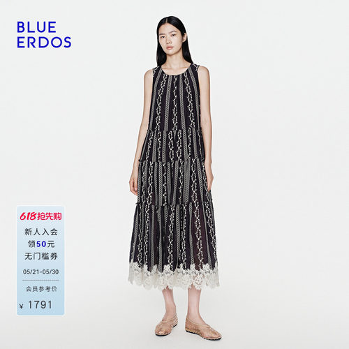 BLUE ERDOS2026夏季新品慵懒松弛藏青色无袖显瘦蕾丝花边连衣裙