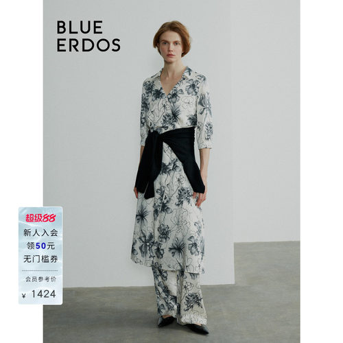 blueerdos气质印花五分袖连衣裙