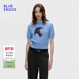 新品 春季 时尚 简约精纺圆领提花半袖 B256D0024 BLUE 女套衫 ERDOS