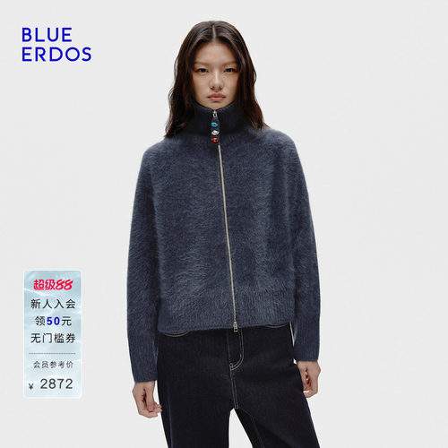 BLUE ERDOS春季新品复古休闲装饰高领拉链开衫B256A1020
