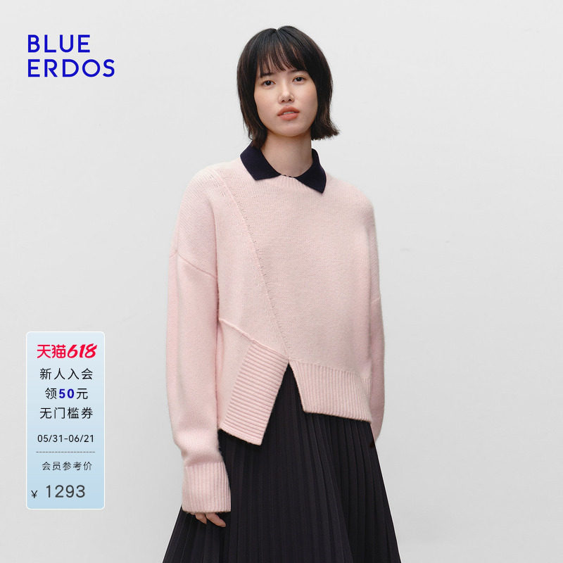 BLUE ERDOS 冬季新品时尚简约羊毛羊绒不规则设计圆领女针织衫
