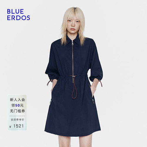 BLUE ERDOS26夏季新品休闲海军蓝Polo领抽绳收腰工装A字连衣裙女