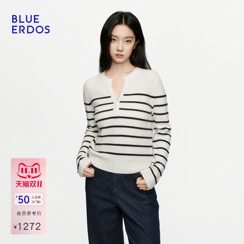 BLUE ERDOS2026秋冬新品条纹上衣休闲松弛山羊绒混纺圆领羊绒衫女