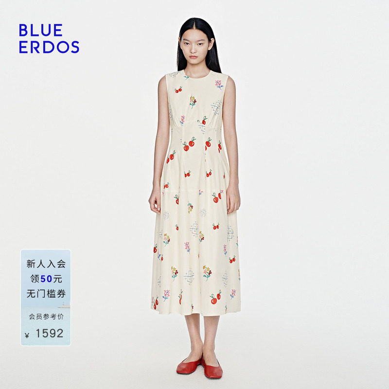 BLUE ERDOS 2026夏季新款连衣裙设计感气质樱桃印花无袖背心长裙