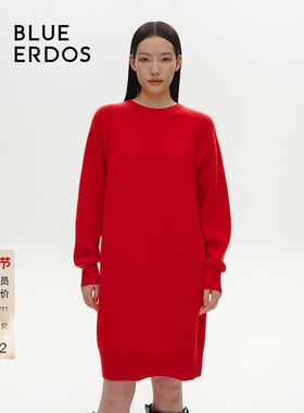 【100%山羊绒】BLUE ERDOS 圆领正红连衣裙B246A6001