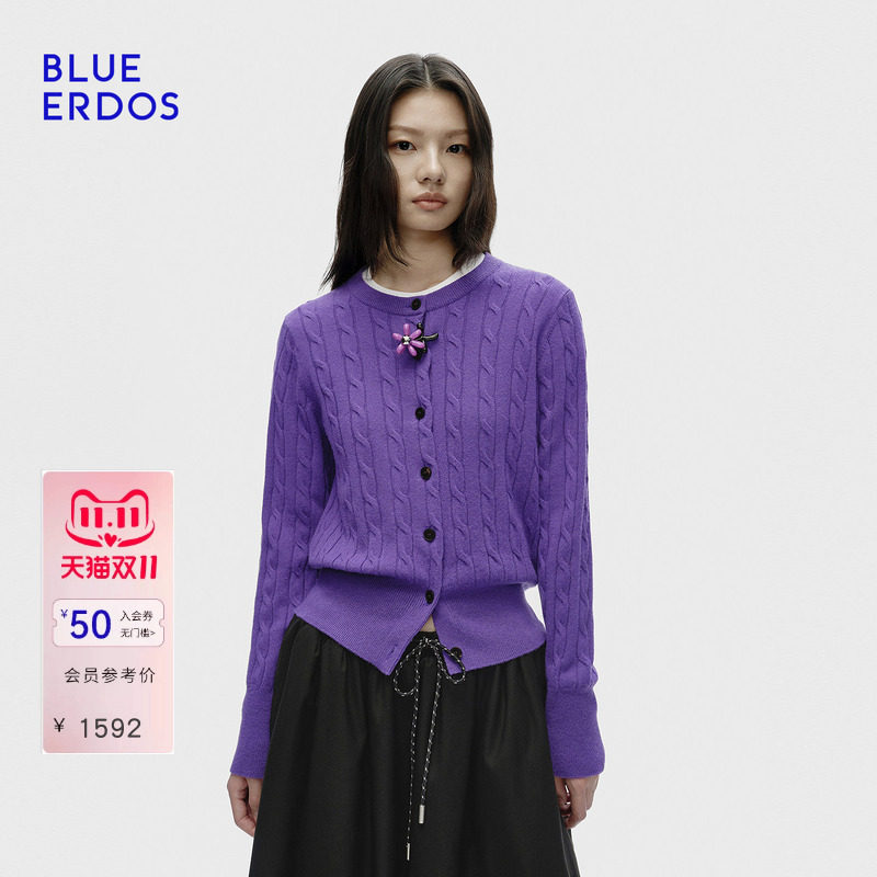 【100%山羊绒】BLUE ERDOS2026秋冬新品复古修身圆领绞花女开衫