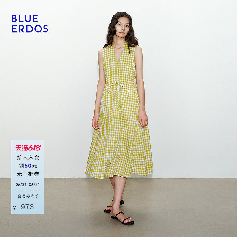 BLUE ERDOS2026夏季新品度假风黄色格纹气质V领无袖连衣裙女