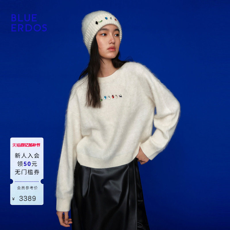 【100%山羊绒】BLUE ERDOS春季新质感通勤彩钻装饰圆领羊绒衫女