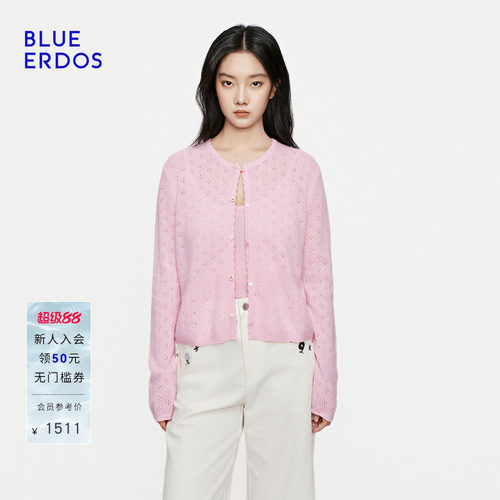 【空气羊绒】BLUE ERDOS2026秋冬新品温柔风镂空绞花圆领针织开衫