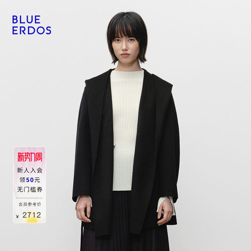 BLUE ERDOS2026秋冬新品优雅通勤羊毛羊绒混纺连帽围裹式短款大衣