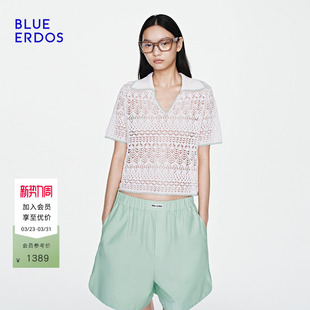 女 百搭通勤棉麻混纺翻领花边针织衫 BLUE ERDOS26早春新品