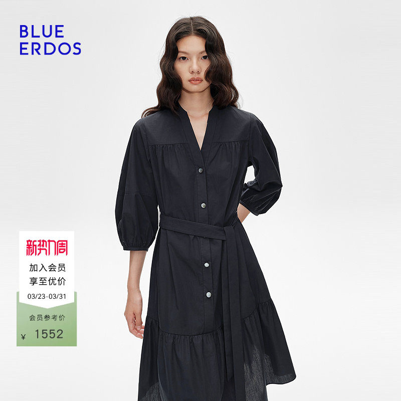 BLUE ERDOS春季宽松直筒版型小V领衬衫式连衣裙B255I3021