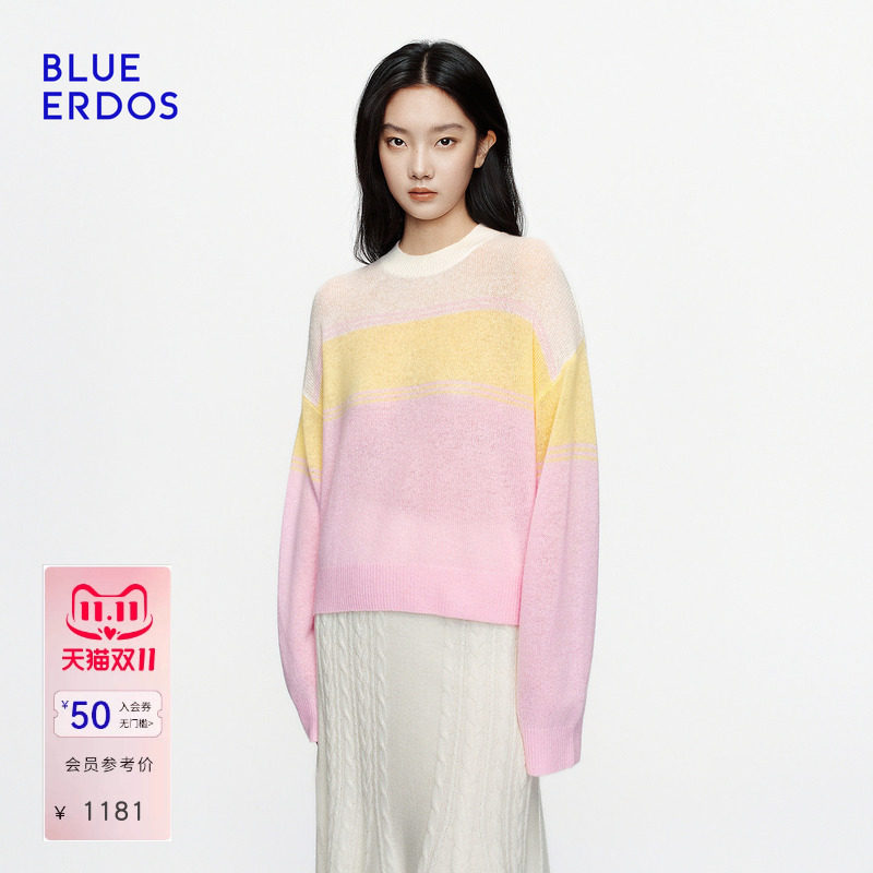 【100%羊绒】BLUE ERDOS2026秋冬新品活力清新落肩拼色针织套衫女