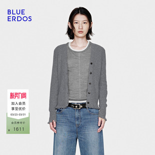 ERDOS26早春新品 BLUE 简约百搭V领抽条刺绣女开衫 100%山羊绒