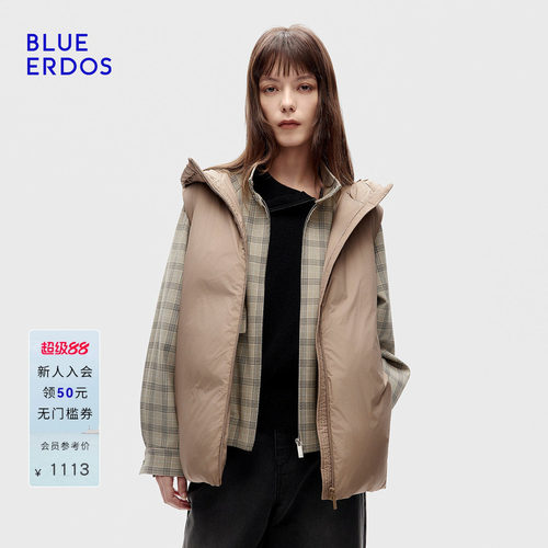 BLUE ERDOS春季新品简约通勤无绗线设计连帽羽绒马甲B256M1023