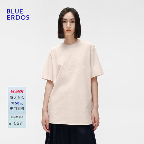 BLUE ERDOS夏季落肩宽松绳结刺绣圆领短袖T恤B255H1002