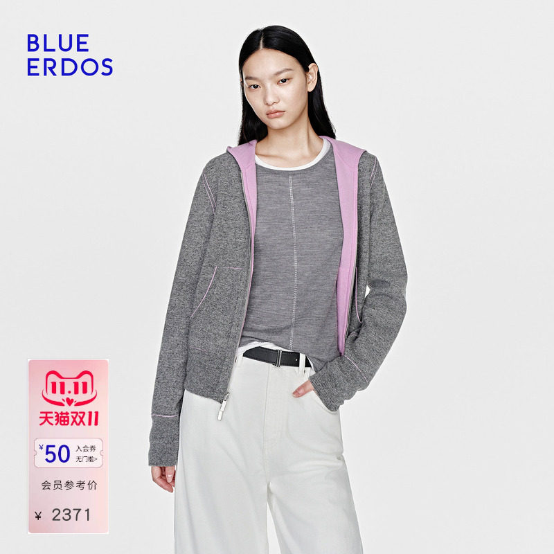 BLUE ERDOS26秋季通勤百搭绵羊毛混纺双面穿拉链连帽开衫女