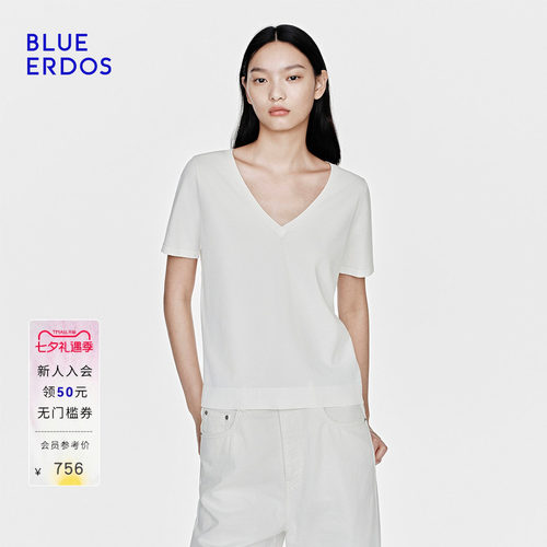 BLUE ERDOS2026秋季休闲百搭V领显瘦半袖T恤女B2265A082