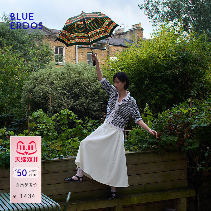 BLUE ERDOS 秋季翻领格纹绵羊毛混纺针织开衫B255D1032