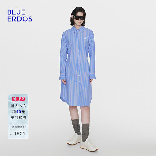 【100%棉】BLUE ERDOS26夏季新品学院风刺绣蓝白条纹长袖衬衫裙女