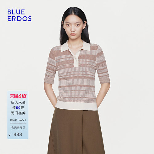 【100%棉】BLUE ERDOS26早春新品休闲百搭撞色小翻领半袖针织衫女