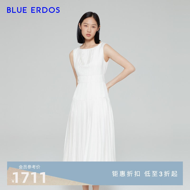 BLUE ERDOS女装 春夏气质舒适纯色简约连衣裙女百褶裙长裙