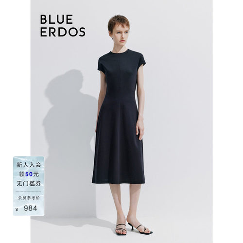BLUE ERDOS 新款简约圆领纯色中长款短袖连衣裙B245D7029
