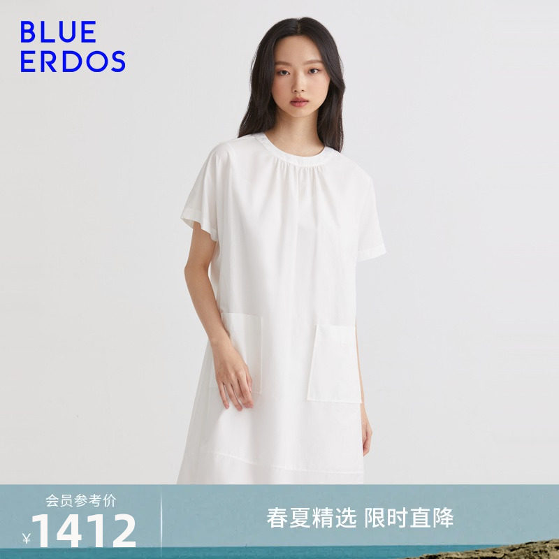 23春夏新款 BLUE ERDOS女装简约纯棉舒适气质优雅圆领纯色连衣裙怎么样,好用不?