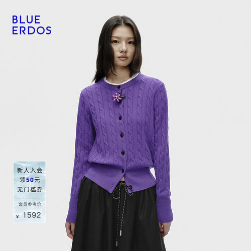 【100%山羊绒】BLUE ERDOS2026秋冬新品复古修身圆领绞花女开衫