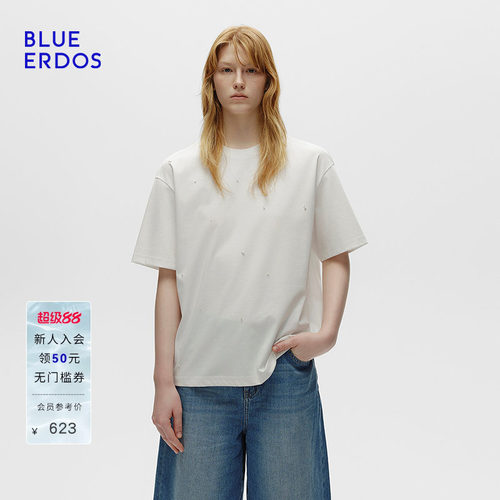 BLUE ERDOS 夏季新品气质简约手工钉珠正肩百搭T恤B256H1012