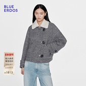 ERDOS 冬季 新品 BLUE 格雷系翻领可拆卸毛领短款 大衣外套女