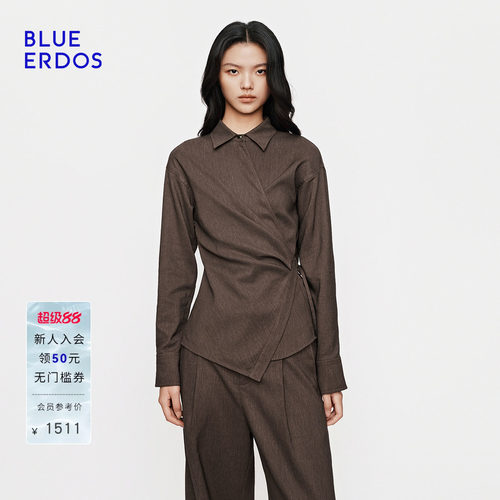 BLUE ERDOS2026秋冬新品质感通勤不对称侧边系带落肩翻领长袖衬衫