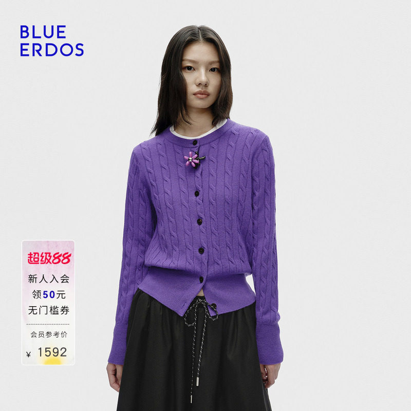 【100%山羊绒】BLUE ERDOS2026秋冬新品复古修身圆领绞花女开衫图片