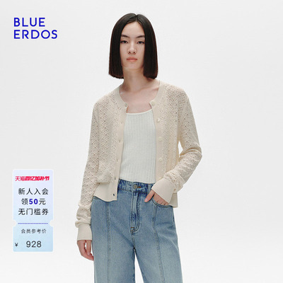 BLUE ERDOS春季简约圆领短款蕾丝镂空针织开衫女B255D1026