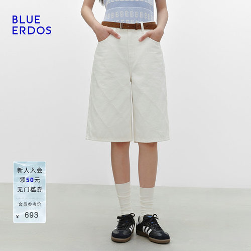【100%棉】BLUE ERDOS春季新品复古提花工艺白色牛仔中裤五分裤