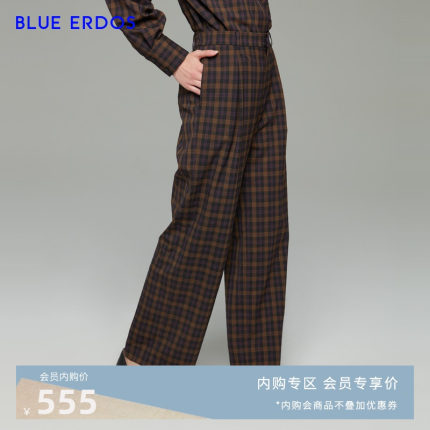 BLUE ERDOS女装 羊毛混纺春秋宽松复古英伦风格子女休闲裤女裤