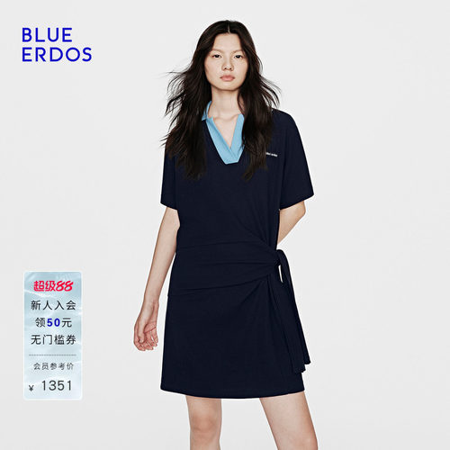 【100%棉】BLUE ERDOS26夏季新品元气感撞色V领华夫格短袖连衣裙