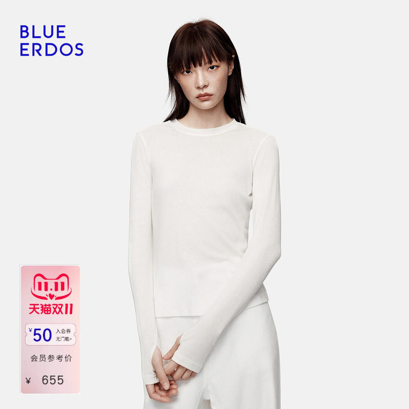 BLUE ERDOS2026秋冬新品简约通勤绵羊毛混纺纯色正肩圆领长袖T恤
